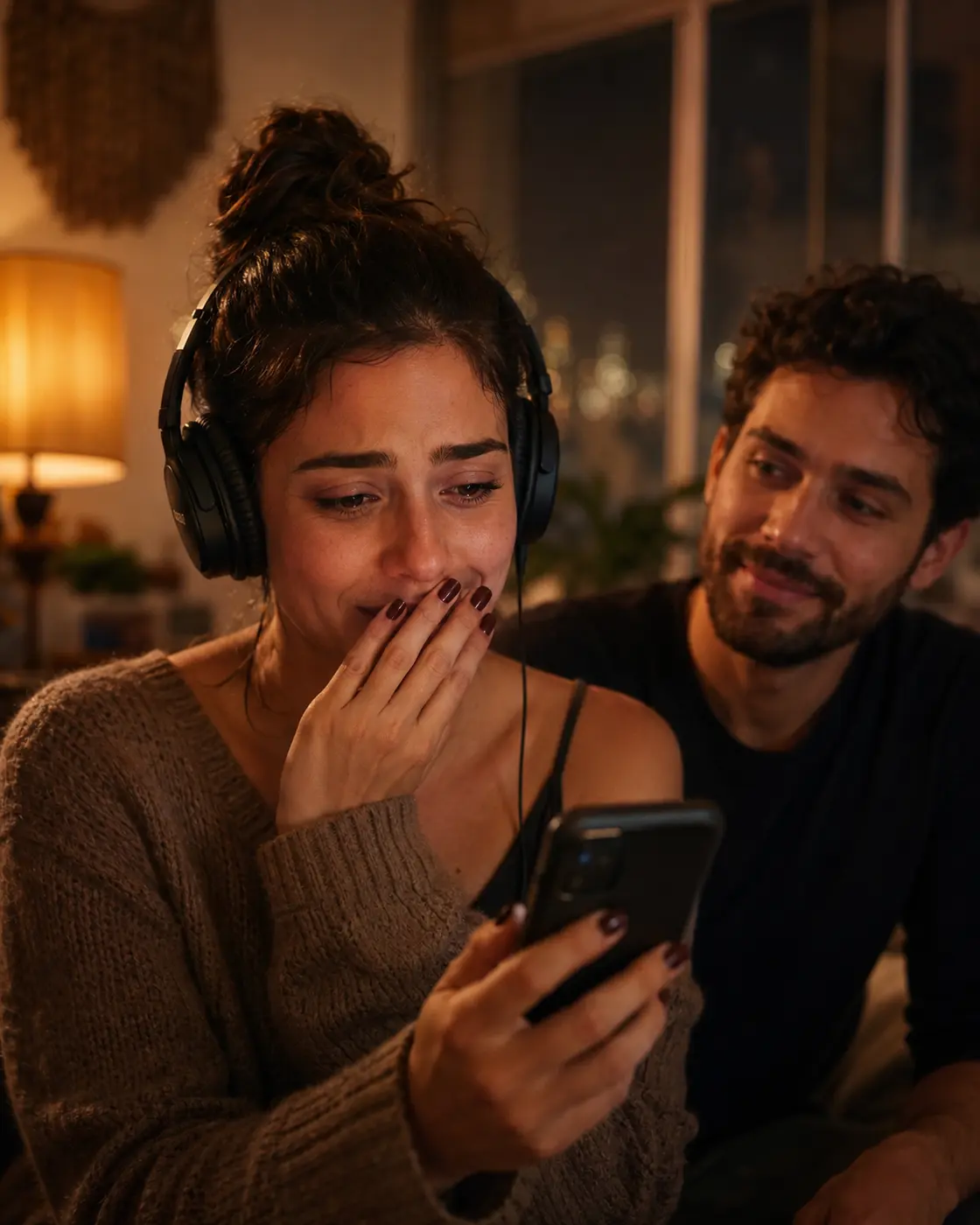 Casal emocionado ouvindo sua própria música